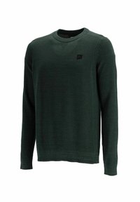 Langarm-Pullover aus dunkelgrünem Strickstoff mit Rundhalsausschnitt und einem kleinen schwarzen Logo auf der Brust. Strukturiertes Gewebe über die gesamte Oberfläche.