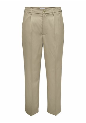 Beżowe spodnie z wysokim stanem, z zakładkami, prostymi nogawkami i zapięciem na guzik. Wykonane z gładkiej tkaniny o dopasowanym kroju.