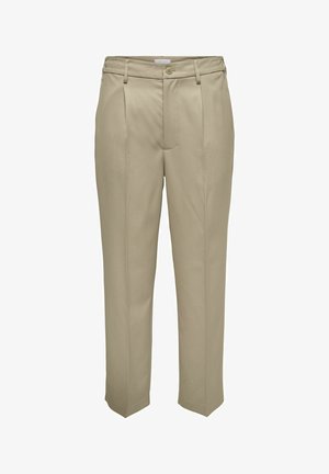 Beżowe spodnie z wysokim stanem, z zakładkami, prostymi nogawkami i zapięciem na guzik. Wykonane z gładkiej tkaniny o dopasowanym kroju.