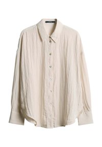 Camicia button-up beige chiaro realizzata in tessuto testurizzato, con colletto classico, maniche lunghe e orlo arrotondato. Sei bottoni perlati visibili.