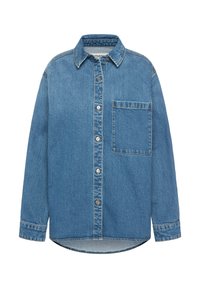 Light blue denim shirt with a pointed collar, long sleeves, button front, and a single chest pocket. Features a curved hemline.