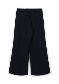 Pantaloni neri a gamba larga con tasche a welt posteriori e vita alta, esposti su uno sfondo bianco.