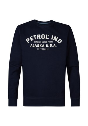 Sweatshirt de culoare bleumarin, confecționat dintr-un amestec de bumbac, cu guler rotund, manșete ribbate și un imprimeu grafic frontal cu text alb.