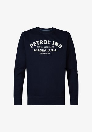Sweatshirt de culoare bleumarin, confecționat dintr-un amestec de bumbac, cu guler rotund, manșete ribbate și un imprimeu grafic frontal cu text alb.