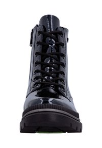 Black patent leather ankle boots with a lace-up front, side zip, and rubber sole. Glossy finish and textured accents on the upper.
