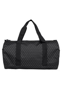 Sac de sport noir avec un petit motif croix blanche, deux bretelles et une fermeture éclair sur le dessus.