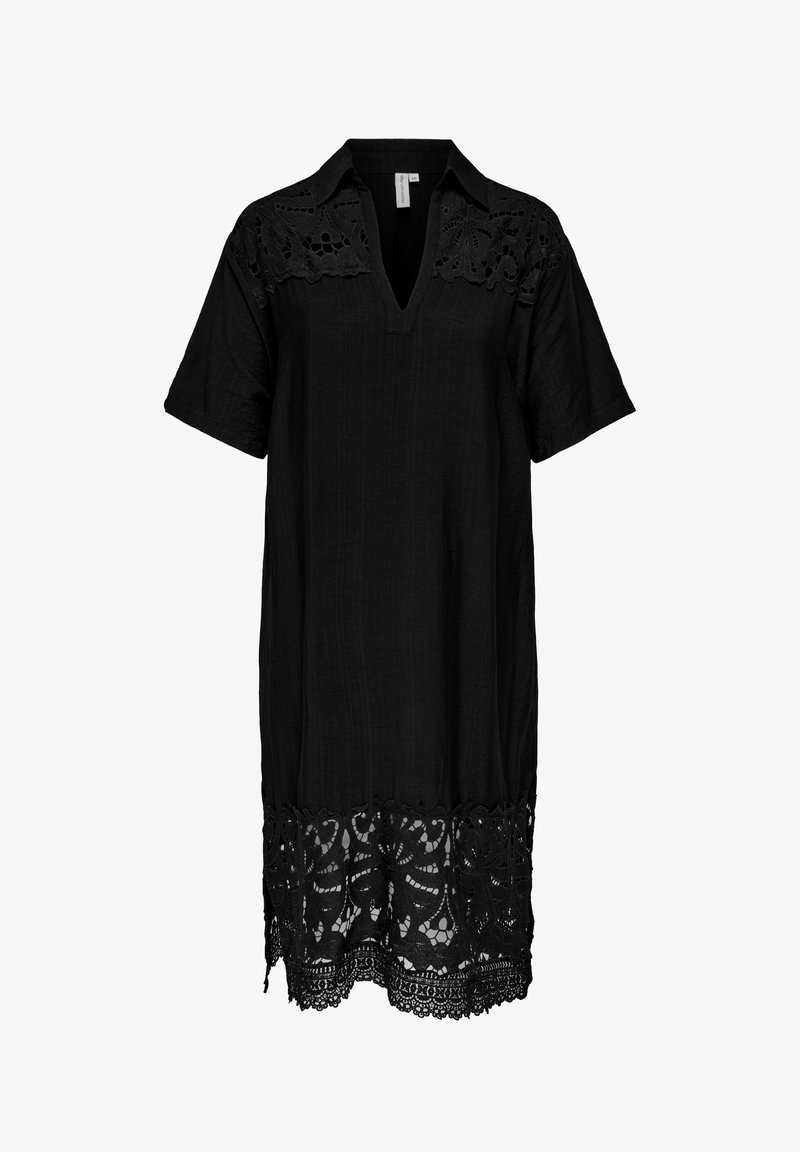 Schwarzes Kurzarmkleid mit V-Ausschnitt, mit floralen Spitzenausschnitten an Schultern und Saum, in einer lockeren, geraden Silhouette.