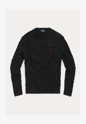 Juodas megztas megztinis su pynimo raštu, iškirptomis rankogaliais ir apačia, apvalia iškirpte, ant krūtinės mažas raudonas logotipas.