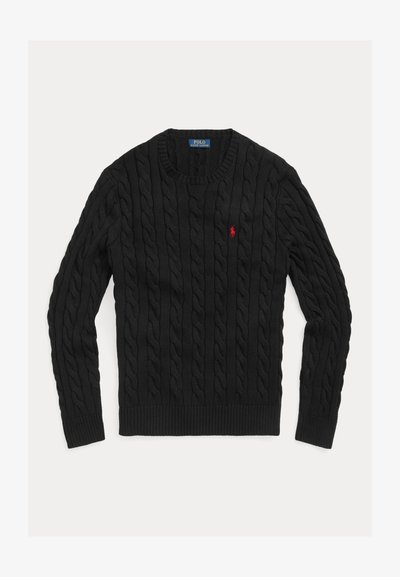 Juodas megztas megztinis su pynimo raštu, iškirptomis rankogaliais ir apačia, apvalia iškirpte, ant krūtinės mažas raudonas logotipas.