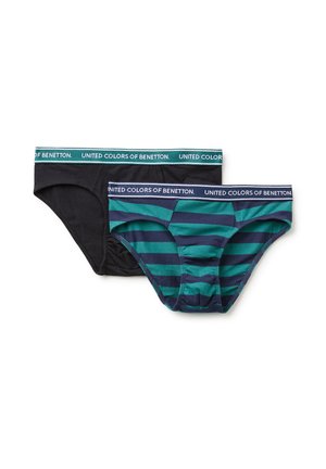 Due slip da uomo con elastici "United Colors of Benetton", uno nero tinta unita e uno verde a righe blu navy.