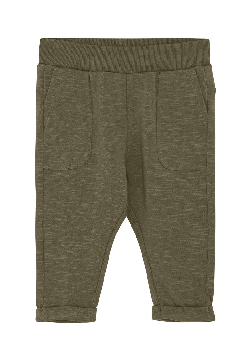 Joggingbroek van een katoenmengsel in olijfgroen, met een elastische tailleband, twee steekzakken, tapse benen en gebande zomen.