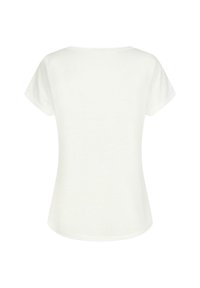 T-shirt blanc à manches courtes, col rond, coupe décontractée, tissu en coton lisse, ourlet inférieur arrondi, sans motifs ni embellissements.
