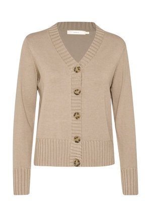 Beige Cardigan, V-Ausschnitt, fünf Knopfverschluss, gerippte Bündchen und Saum, weiche Strickstruktur, mit glatter Oberfläche und einfachem Design.