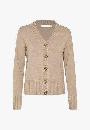 Beige Cardigan, V-Ausschnitt, fünf Knopfverschluss, gerippte Bündchen und Saum, weiche Strickstruktur, mit glatter Oberfläche und einfachem Design.