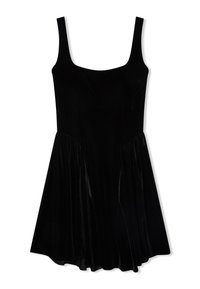 Czarna aksamitna sukienka bez rękawów z kwadratowym dekoltem, dopasowanym gorsetem i delikatnie rozkloszowanym dołem, z drapowanymi akcentami po obu stronach.