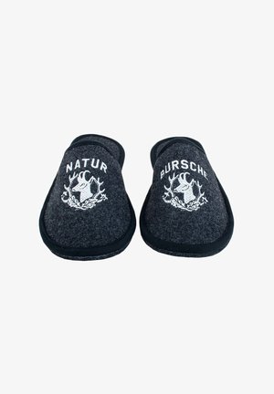 Gray felt slippers with black trim; features white text "NATUR" and "PURSCHE" alongside an illustration of a deer with antlers.