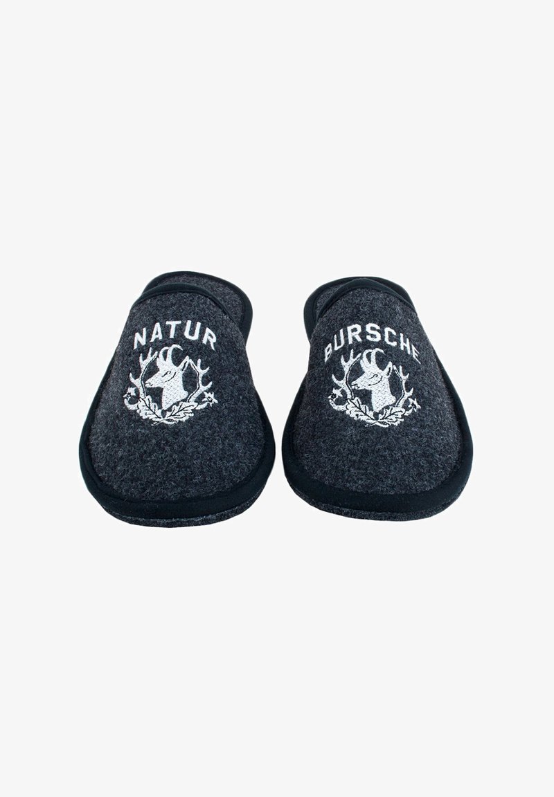Gray felt slippers with black trim; features white text "NATUR" and "PURSCHE" alongside an illustration of a deer with antlers.