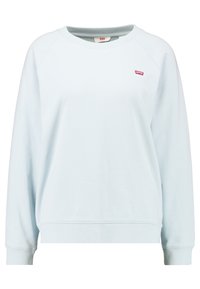 Světle modrá mikina vyrobená z měkké tkaniny, s kulatým výstřihem a raglánovými rukávy. Malé červené logo na hrudi, žebrované manžety a lem.