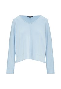 Lichtblauwe V-halstrui gemaakt van zacht materiaal. Heeft lange mouwen met een cropped design en zijsplitten aan de zoom voor gemakkelijker bewegen.