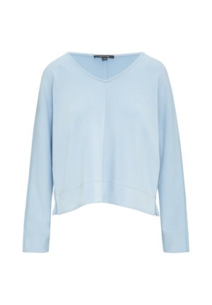 Jasnoniebieski sweter w serek wykonany z miękkiego materiału. Posiada długie rękawy z krótki krojem oraz bocznymi rozcięciami na hemie dla zapewnienia swobody ruchów.