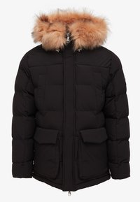Giubbotto imbottito nero con cappuccio in pelliccia sintetica marrone chiaro removibile, dotato di ampie tasche frontali e chiusura con zip frontale.