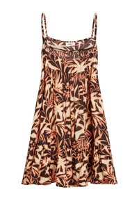 Sommerkjole med tynde stropper, brun stof med store fersken- og cremefarvede blomsterprint, taljeret talje og udvidet nederdel med flæsekant.