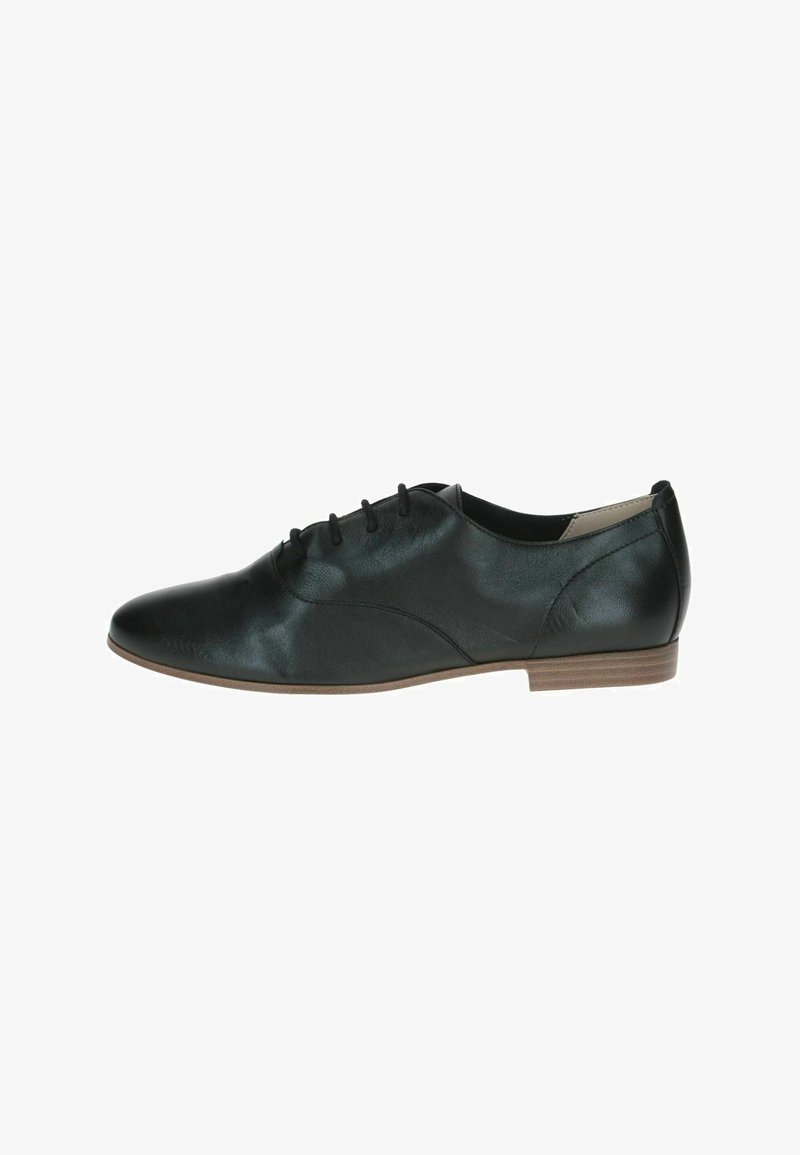 Chaussure Oxford en cuir noir avec fermeture à lacets et petit talon marron, vue de l'extérieur.