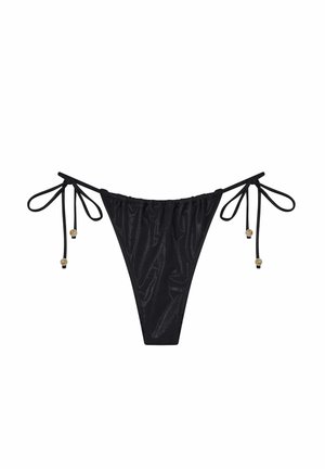Black bikini bottom with a gathered waistband, adjustable tie side closures, and decorative gold bead accents on the ties. Smooth, textured fabric.