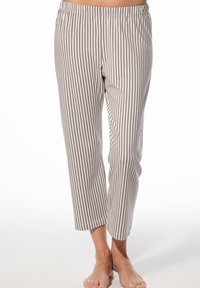 Leichte, gemusterte Pyjamahosen in Beige mit dünnen braunen vertikalen Streifen, ausgestattet mit einem elastischen Bund und einer verkürzten Länge.