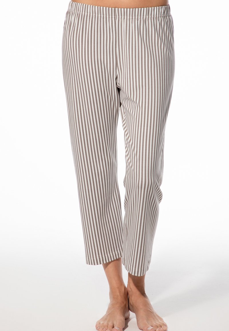 Leichte, gemusterte Pyjamahosen in Beige mit dünnen braunen vertikalen Streifen, ausgestattet mit einem elastischen Bund und einer verkürzten Länge.