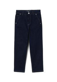 Vaqueros de mezclilla azul oscuro con corte recto, cinco bolsillos, herrajes plateados y costuras en contraste. Textura suave y diseño estructurado.