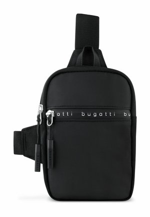 Small black bag with a textured surface, featuring a zip closure, strap, and logo detailing in white across the front.
