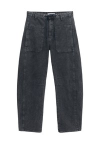 Tummanharmaat, leveät cargo-housut denimistä. Varustettu kahdella suurella etutaskulla, nyöri vyötäröllä ja näkyvillä sauman yksityiskohdilla.