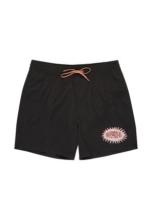 Shorts de bain noirs avec taille élastique et cordon de serrage corail, ornés d'un logo en forme d'éclat de soleil corail et violet sur la jambe gauche.