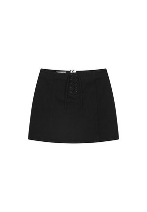 Zwarte katoenen minirok met vetersluiting aan de voorkant en ritssluiting, met een aansluitend ontwerp en een gebogen zoom voor een strakke silhoutte.