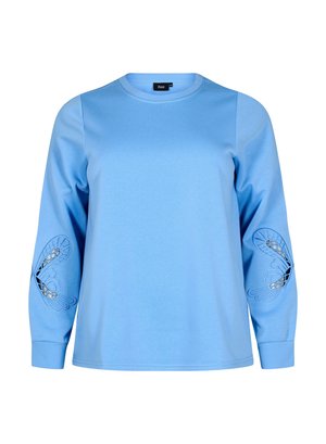 Ljusblå långärmad sweatshirt med rund halsringning och intrikata broderade detaljer på ärmarna, som har blommiga och geometriska mönster.