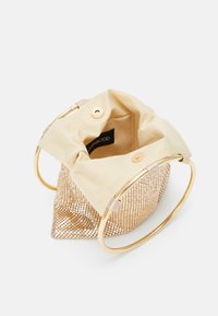 Pequeño bolso de malla dorada con interior de tela beige, cierre de imán y dos asas circulares rígidas doradas.