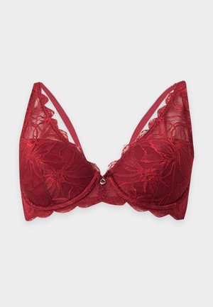 Roter Spitzen-BH mit floralen Mustern, Bügelcups, verstellbaren Trägern und einem kleinen dekorativen Anhänger in der vorderen Mitte.