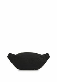Borsa in tessuto nera con superficie testurizzata e logo impresso. Presenta una tracolla regolabile e una forma arrotondata per un indossamento confortevole.