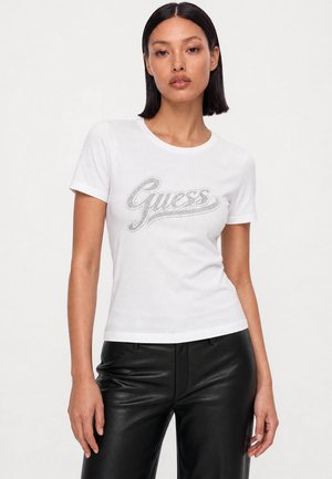 Guess, SS CN GLITTER LOGO TEE - Print T-shirt - pure white