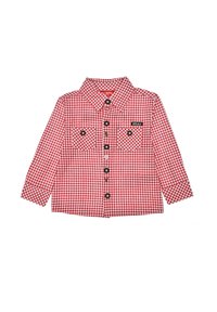 Rot-weißer kariert langer Baumwollhemd mit Kragen, zwei geknöpften Brusttaschen und schwarzen Knöpfen mit Logo.