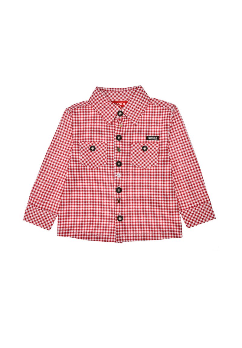 Rot-weißer kariert langer Baumwollhemd mit Kragen, zwei geknöpften Brusttaschen und schwarzen Knöpfen mit Logo.