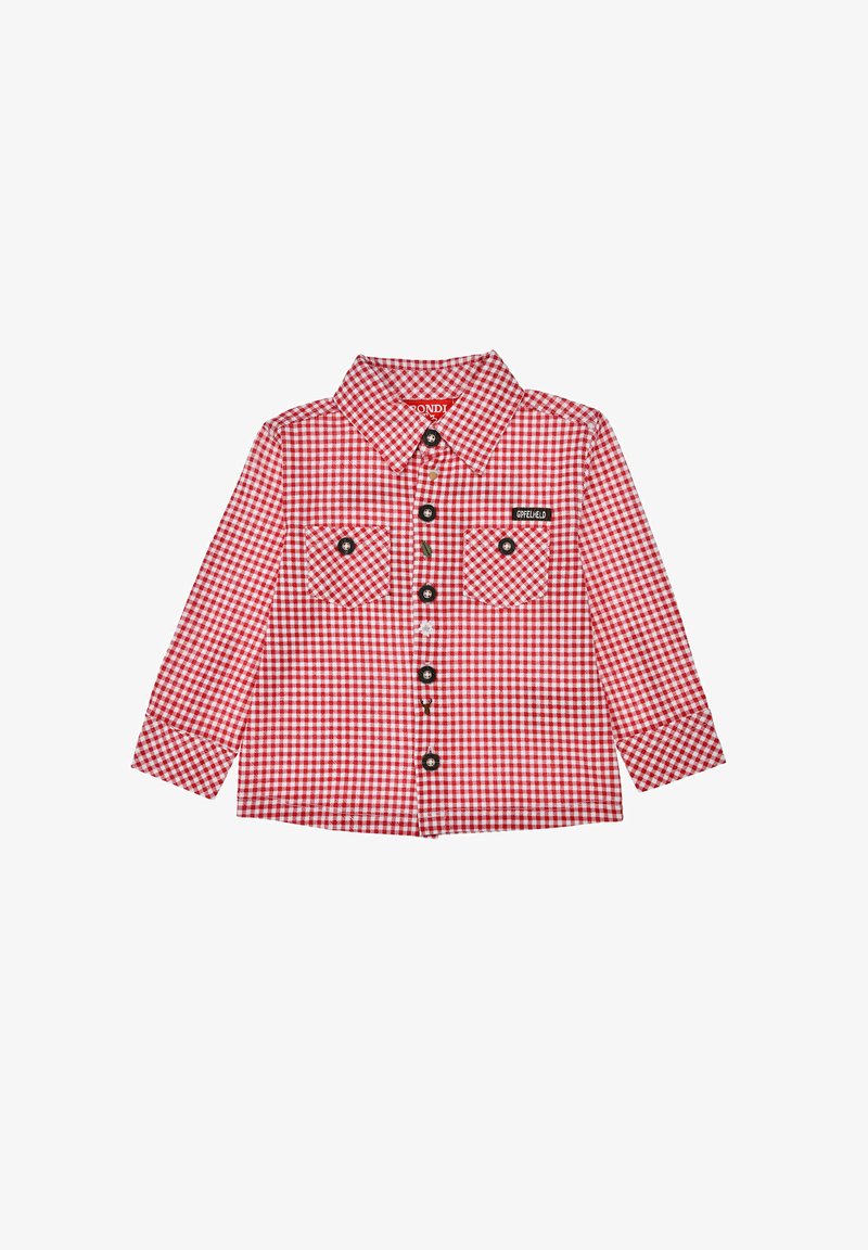 Rot-weißer kariert langer Baumwollhemd mit Kragen, zwei geknöpften Brusttaschen und schwarzen Knöpfen mit Logo.