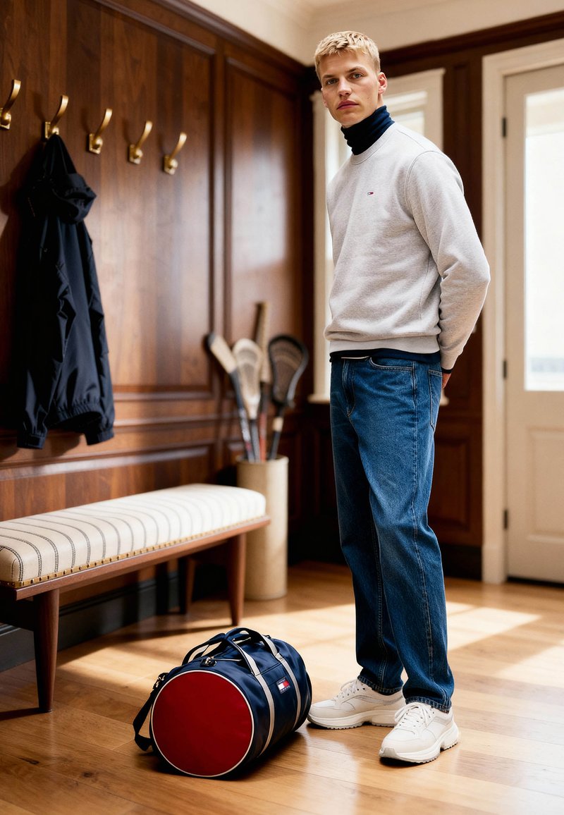 Ung mand i hvid sweatshirt og blå jeans står ved siden af en stribet bænk og en mørkeblå sportstaske i et trærum med lakrosstave.