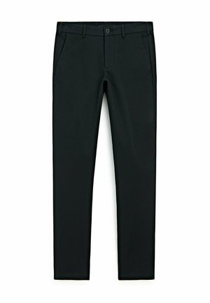 Pantalons noirs en tissu mélangé coton, présentant un design à jambes droites, des poches avant et une taille avec boutonnière. Texture lisse.