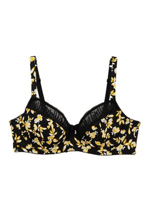 Soutien-gorge noir à motifs floraux avec des fleurs jaunes et blanches, bordure en dentelle sur le haut, bonnets rembourrés et bretelles réglables. Finition en tissu lisse.