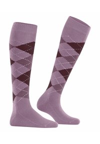 Calze al ginocchio di colore lavanda con un motivo argyle marrone scuro e accenti bianchi. Maglia texturizzata, punta rinforzata e finitura liscia.