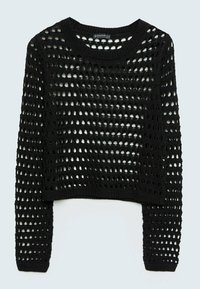 Pull en tricot crochet noir à manches longues avec un col rond et un motif ajouré, longueur raccourcie, et poignets et ourlet côtelés.