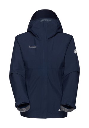 Marineblaue wasserdichte Jacke mit Kapuze, vorn mit Reißverschluss, elastischen Bündchen und Logo-Details auf der Brust und dem Ärmel. Glatte Textur.