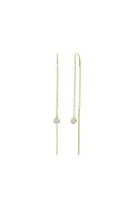 Boucles d'oreilles pendantes en ton doré, comportant deux barres verticales et des accents en cristal en forme de cercle. Des maillons de chaîne relient les barres et les accents.